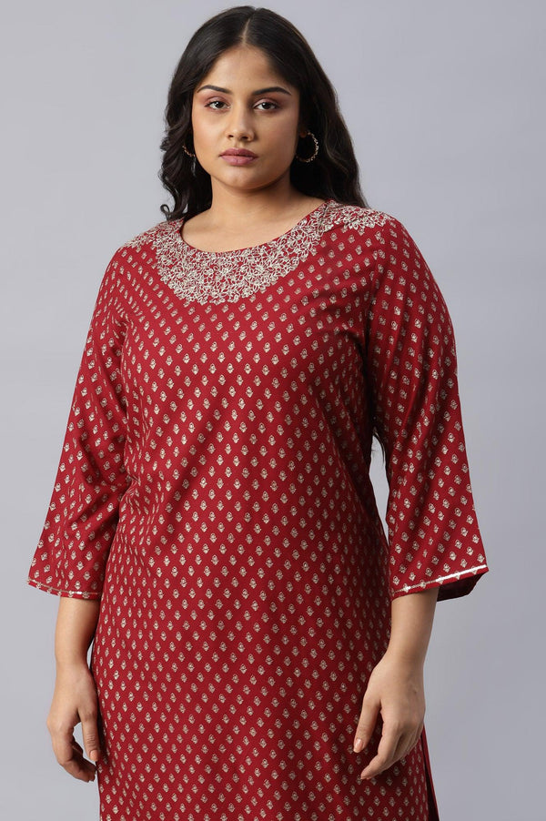 Red Printed Plus Size kurta With Metallic Embroidery