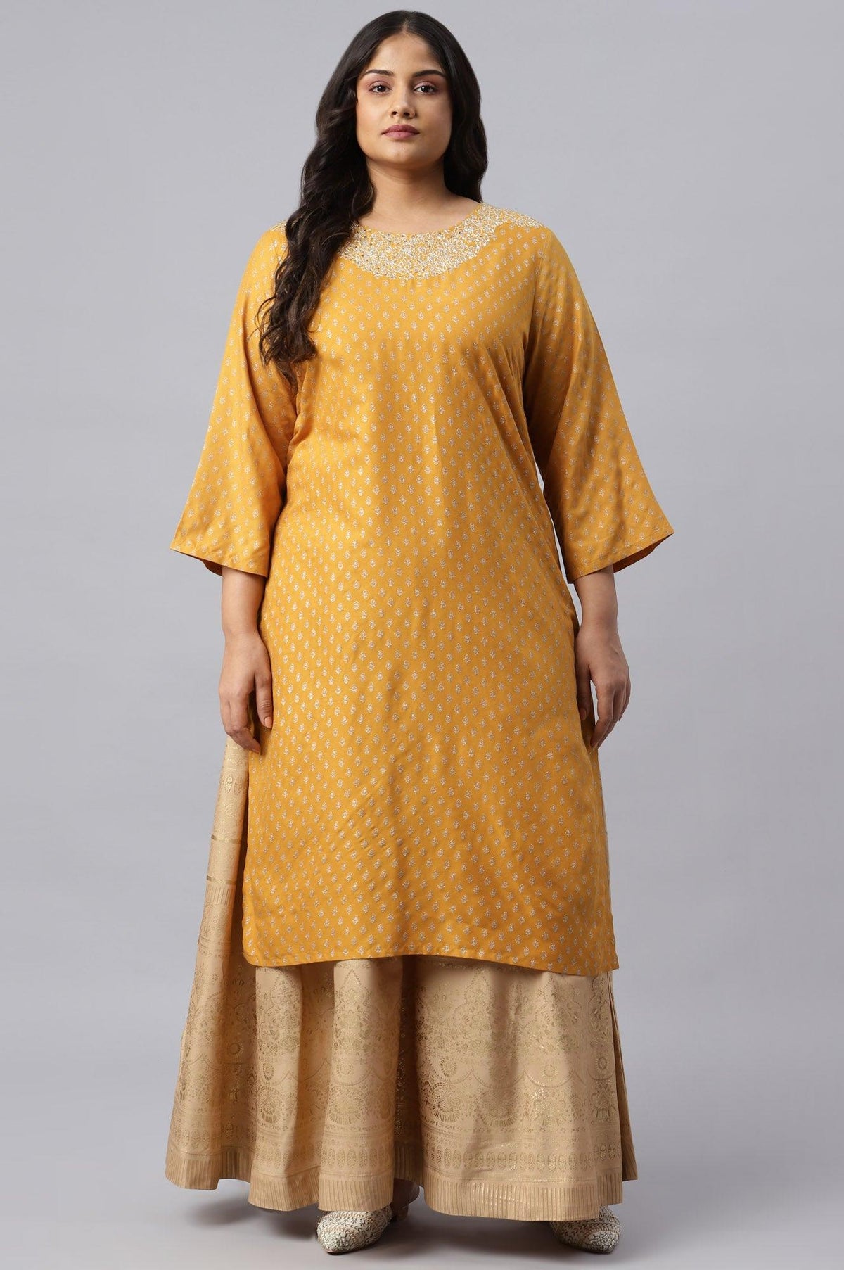 Mustard Printed Plus Size kurta With Metallic Embroidery - XS