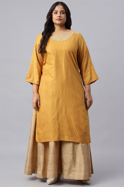 Mustard Printed Plus Size kurta With Metallic Embroidery - wforwoman
