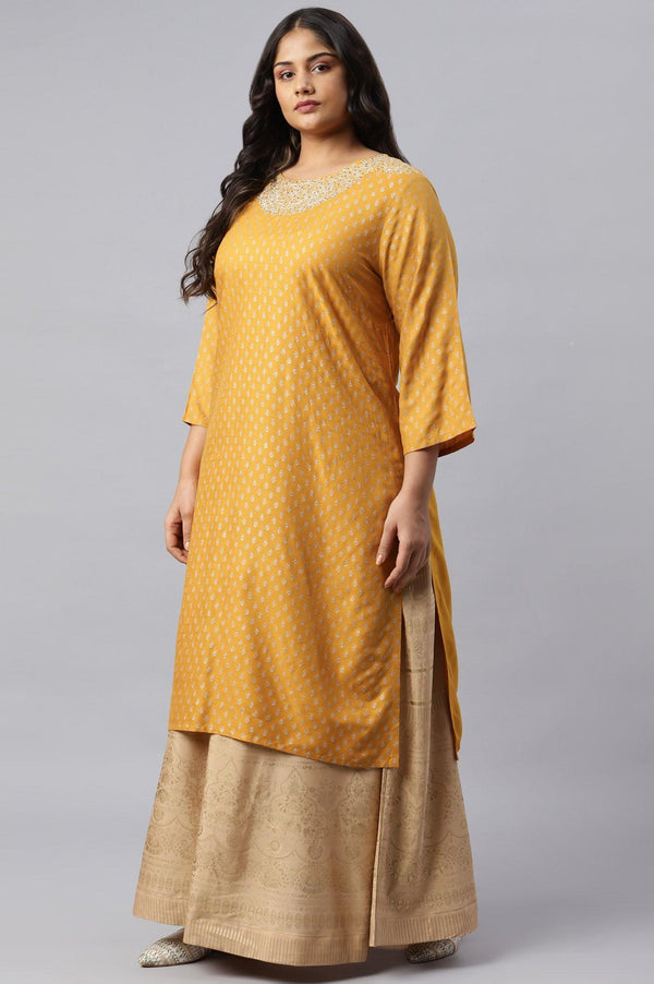 Mustard Printed Plus Size kurta With Metallic Embroidery