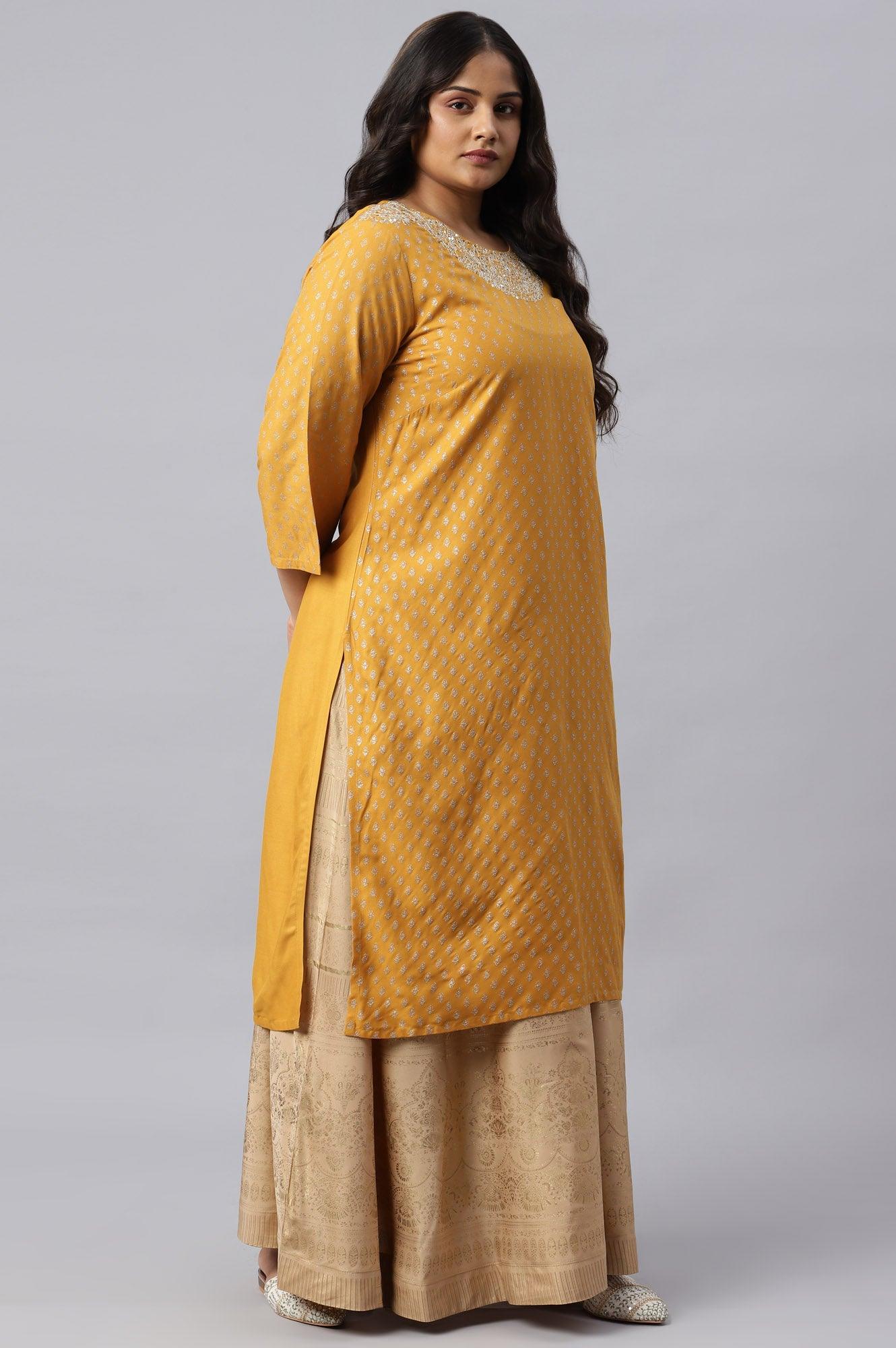 Mustard Printed Plus Size kurta With Metallic Embroidery - wforwoman
