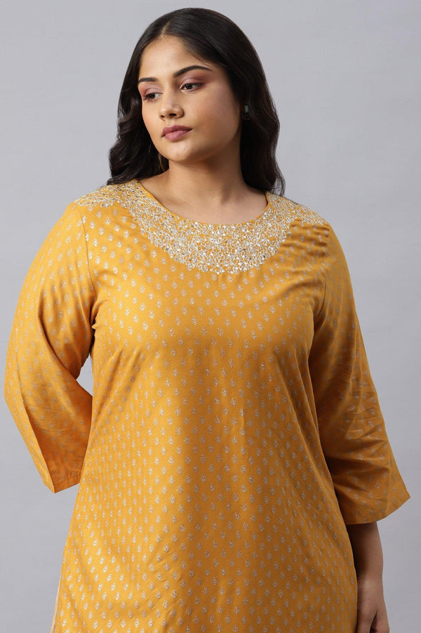 Mustard Printed Plus Size kurta With Metallic Embroidery