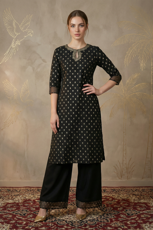 Black Glitter Printed Rayon Straight Kurta with Embroidered Neck