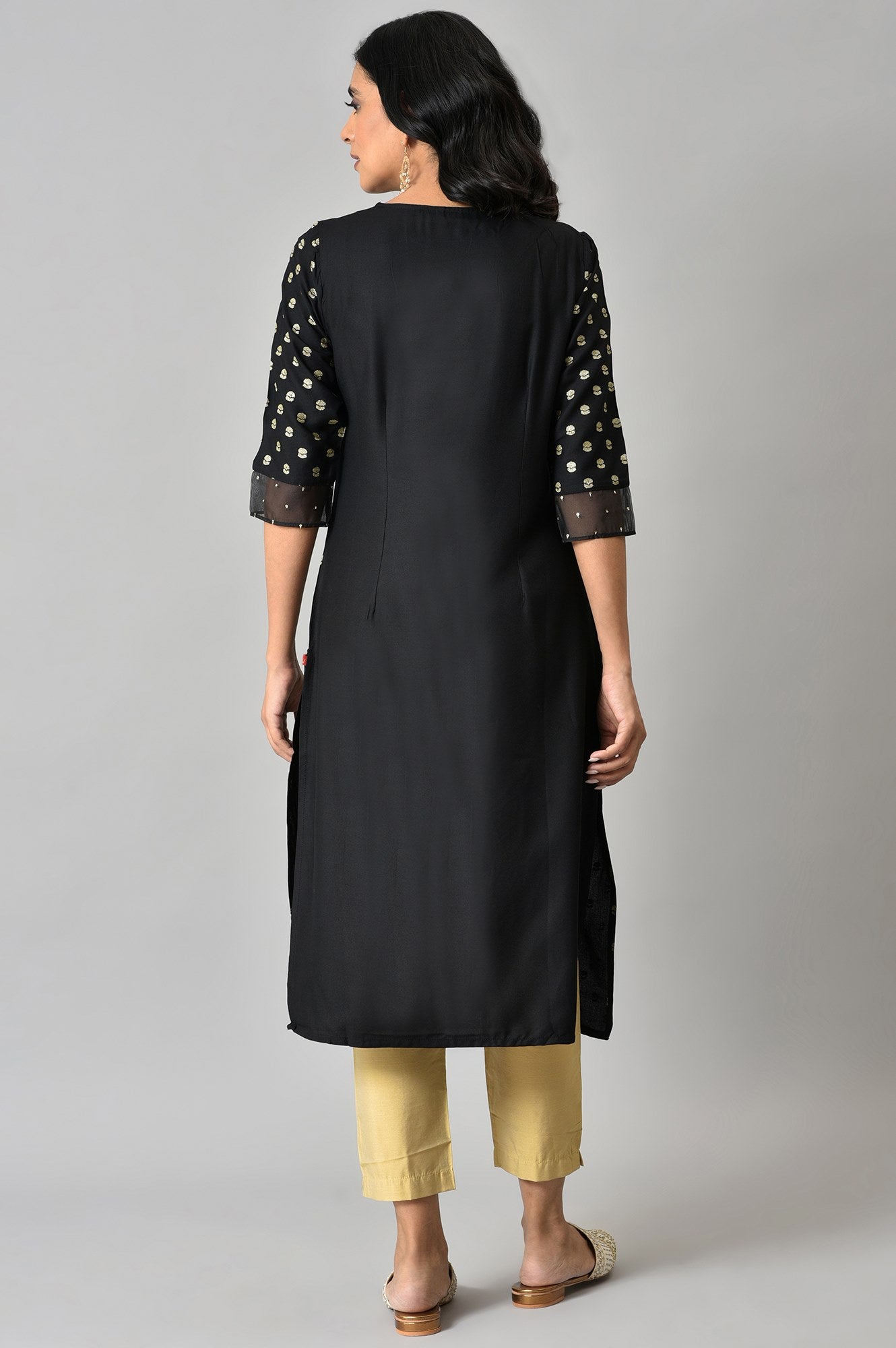 Black Glitter Printed Rayon Straight Kurta with Embroidered Neck