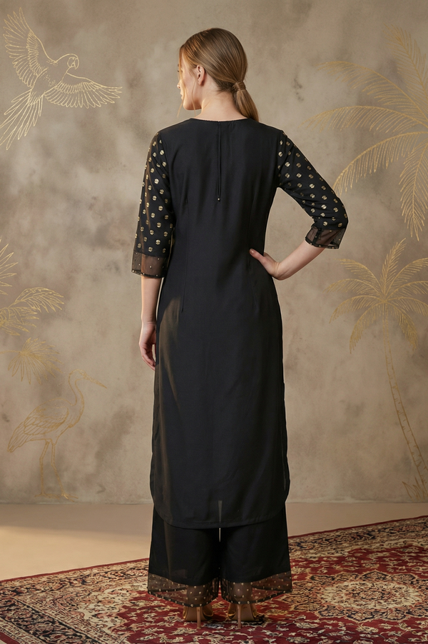 Black Glitter Printed Rayon Straight Kurta with Embroidered Neck