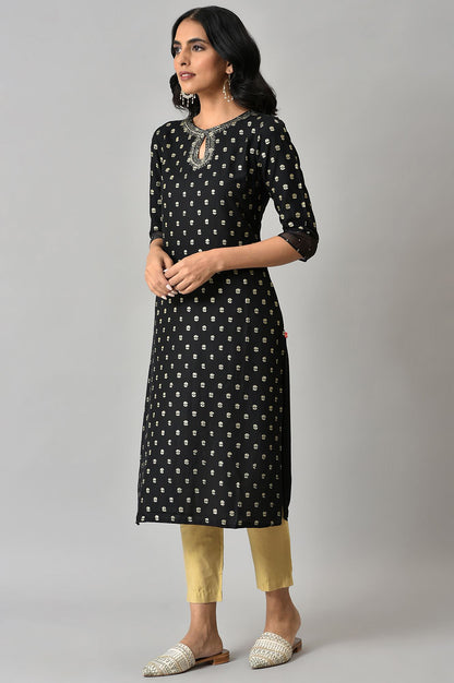 Black Glitter Printed Rayon Straight Kurta with Embroidered Neck