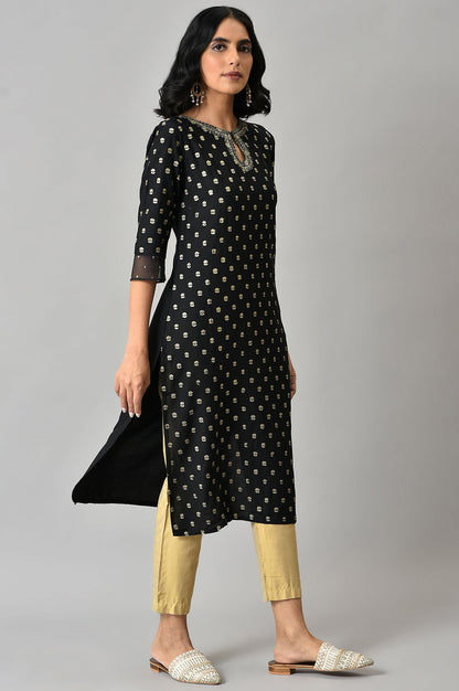 Black Glitter Printed Rayon Straight Kurta with Embroidered Neck