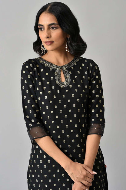 Black Glitter Printed Rayon Straight Kurta with Embroidered Neck