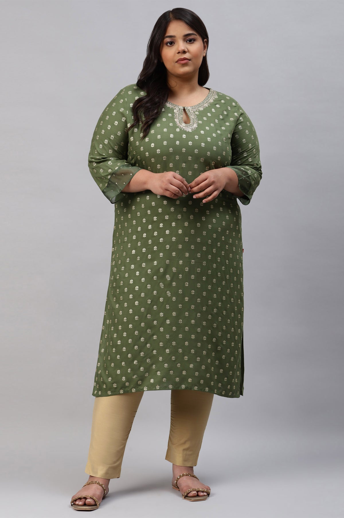 Olive Green Printed Plus Size kurta With Embroidery And Sequins - 20