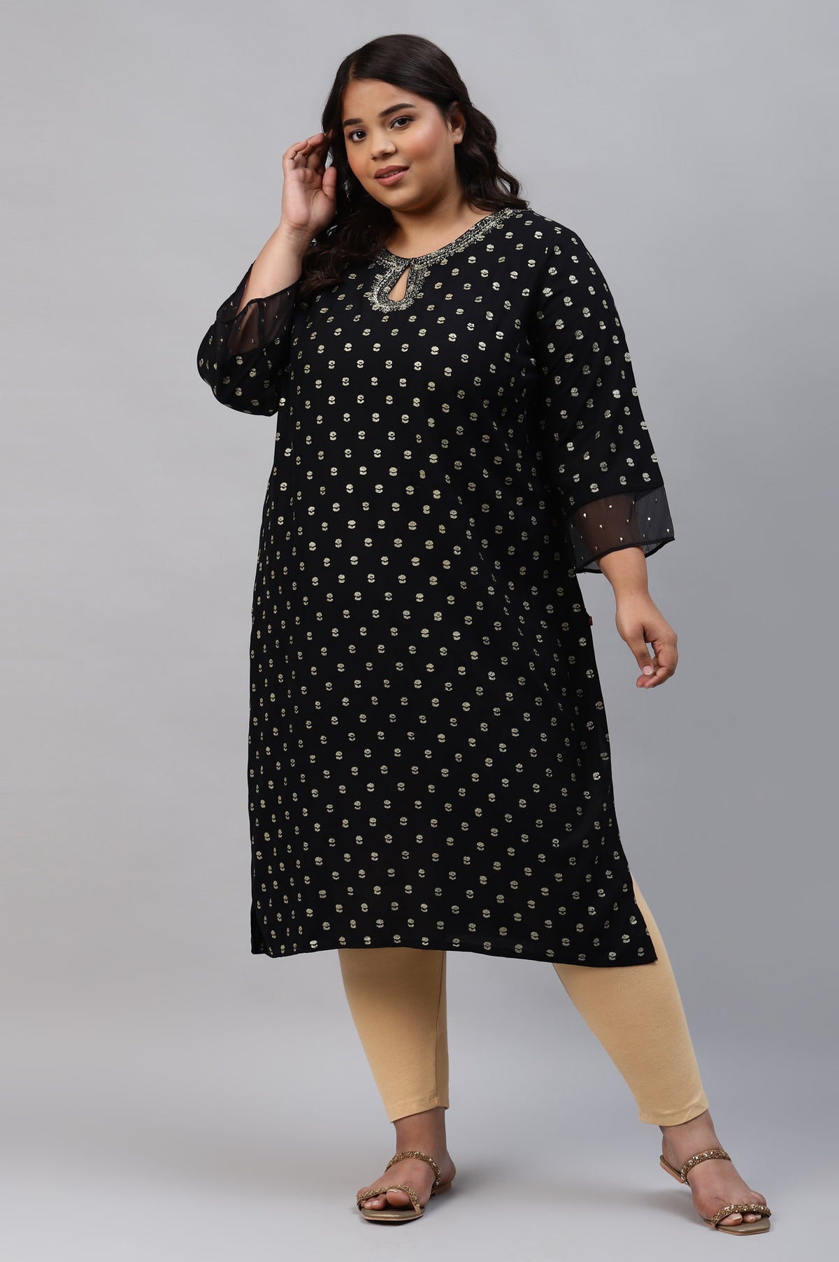 Black Printed Plus Size kurta With Embroidery And Sequins - 20