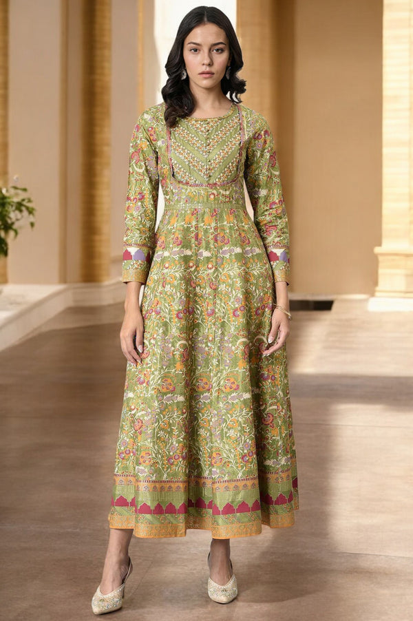Olive Green Flared Anarkali Printed kurta