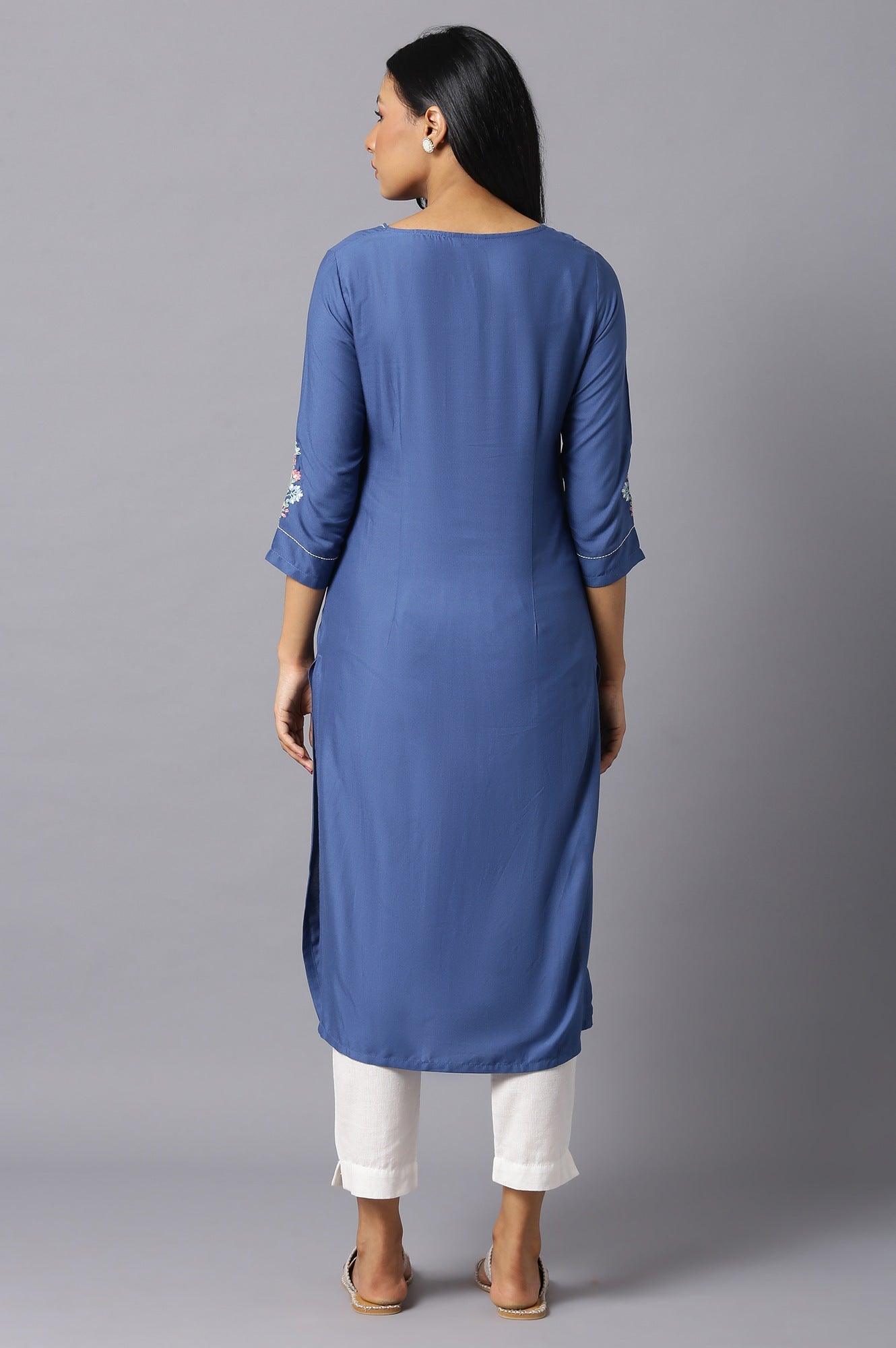 Dark Blue Embroidered kurta In Round Neck - wforwoman