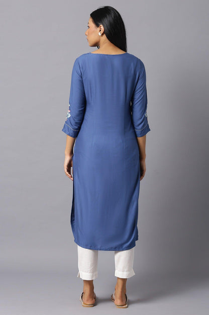 Dark Blue Embroidered kurta In Round Neck - wforwoman