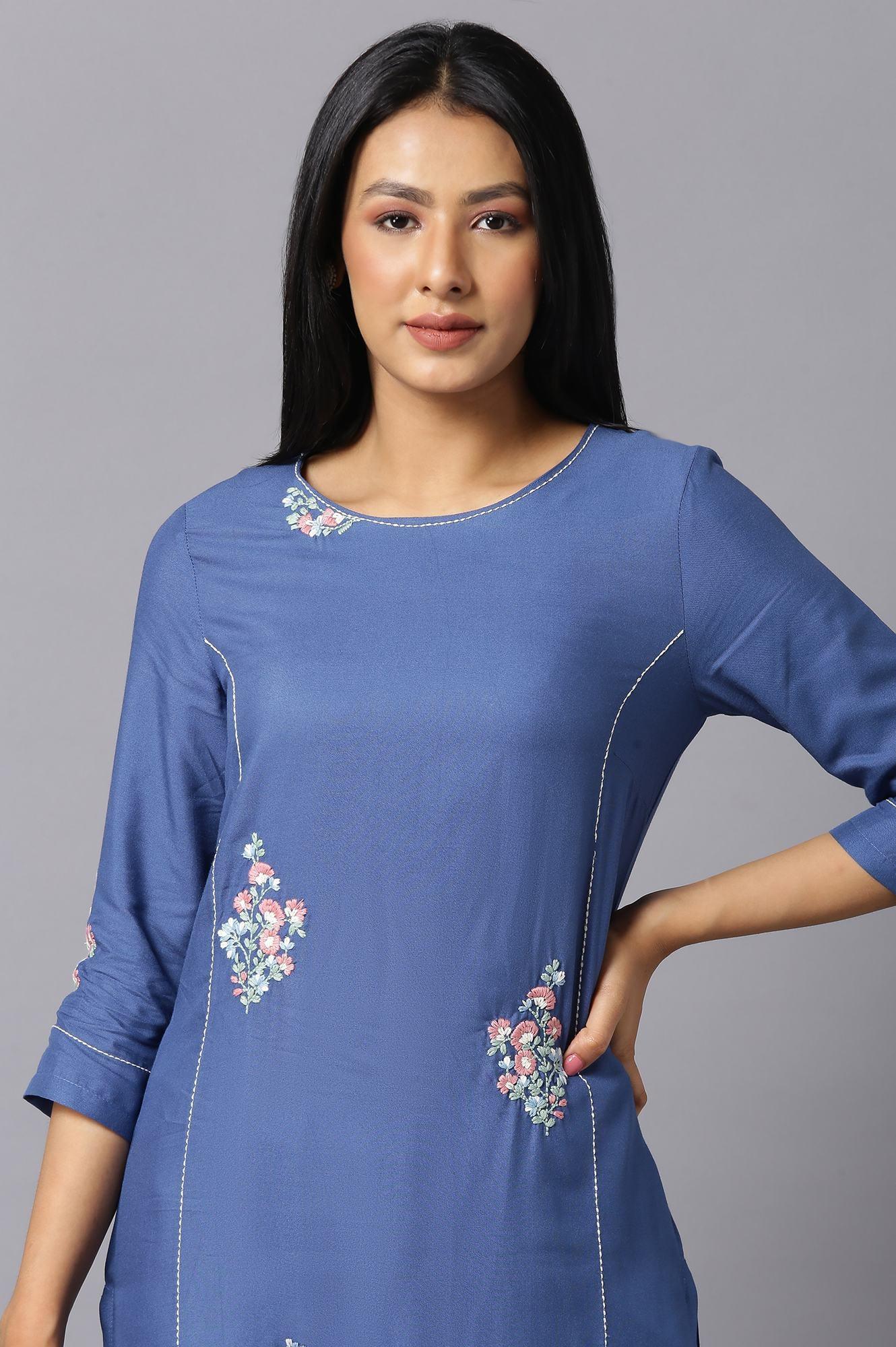 Dark Blue Embroidered kurta In Round Neck - wforwoman