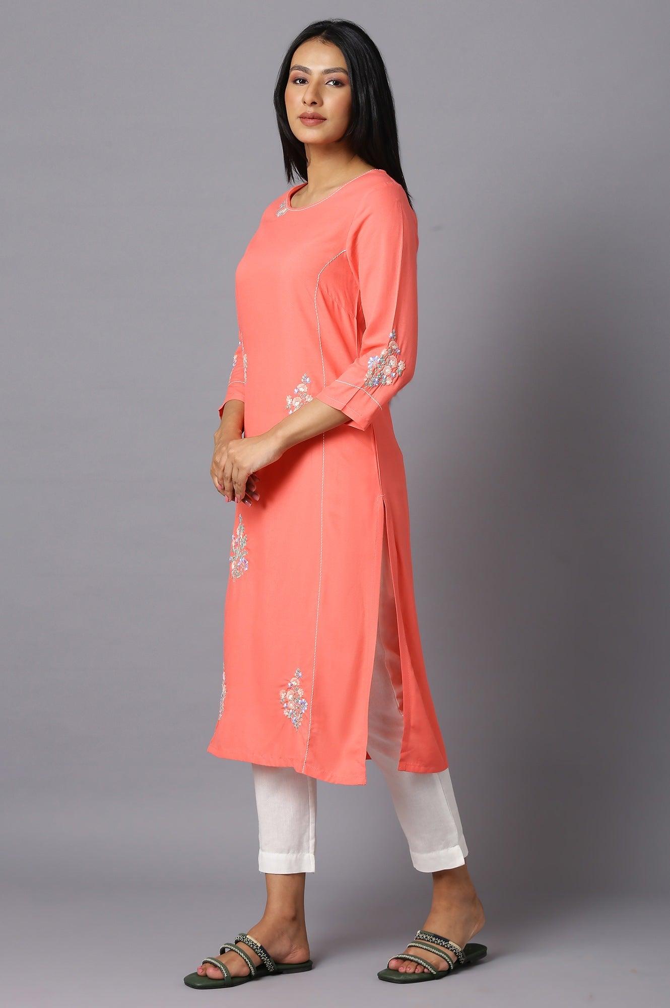 Orange Embroidered kurta In Round Neck - wforwoman
