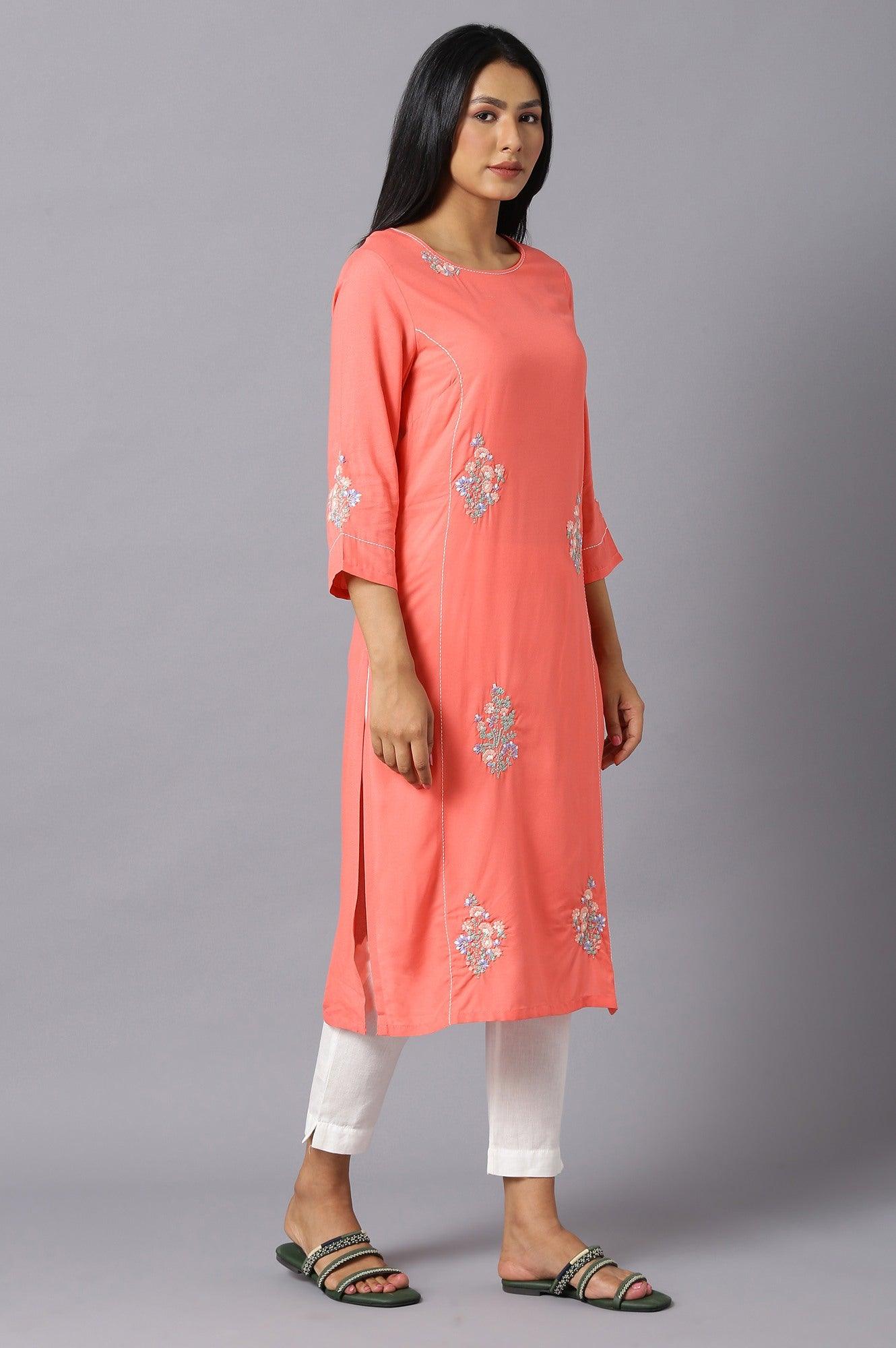 Orange Embroidered kurta In Round Neck - wforwoman