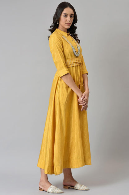 Yellow Glitter Printed Shirt Dress With Embroidered Neckpiece - wforwoman