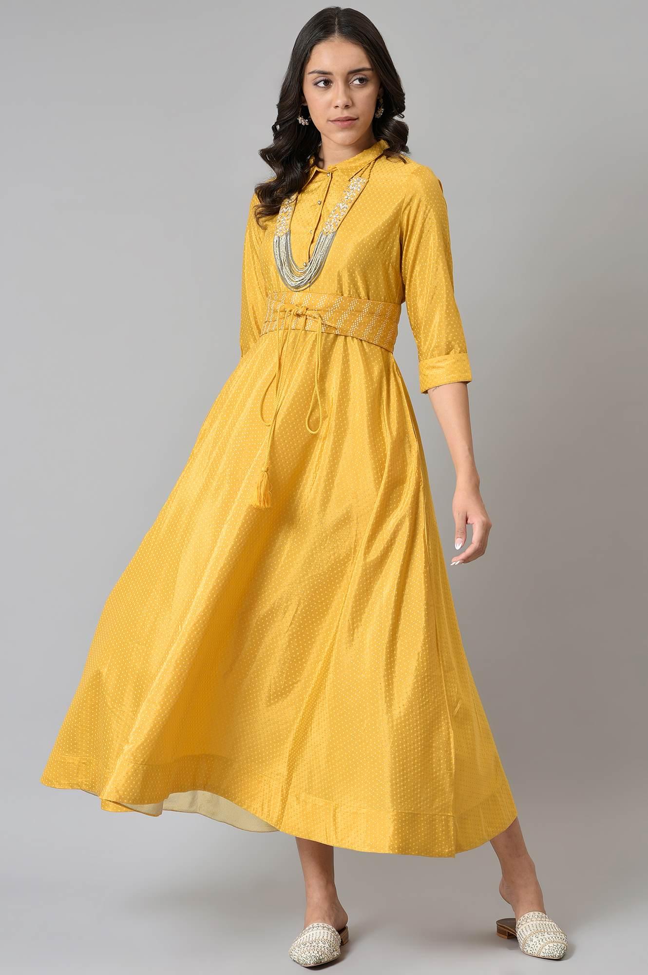 Yellow Glitter Printed Shirt Dress With Embroidered Neckpiece - wforwoman