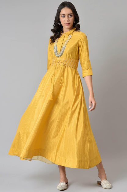 Yellow Glitter Printed Shirt Dress With Embroidered Neckpiece - wforwoman