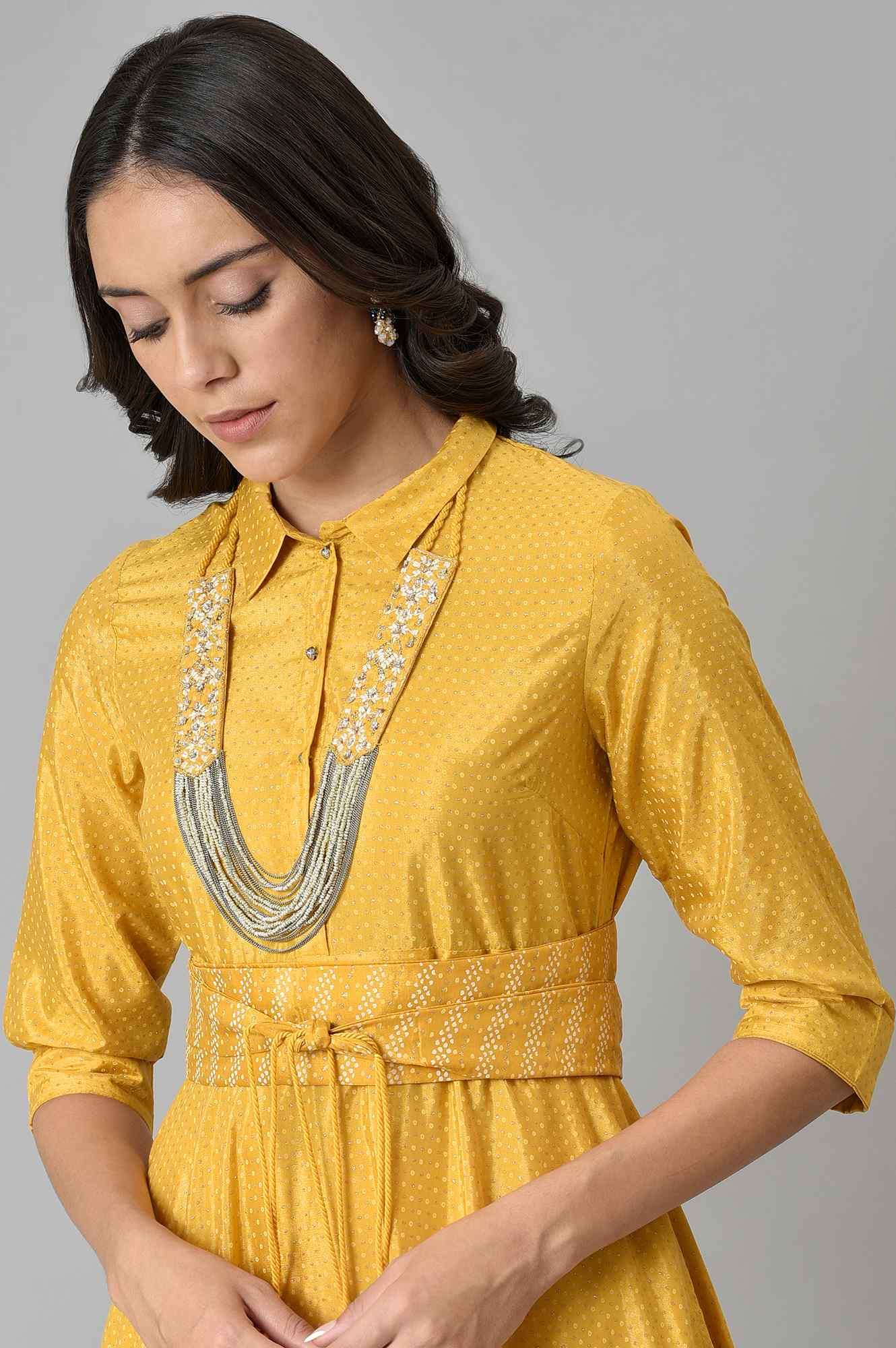 Yellow Glitter Printed Shirt Dress With Embroidered Neckpiece - wforwoman