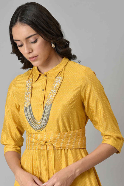 Yellow Glitter Printed Shirt Dress With Embroidered Neckpiece - wforwoman