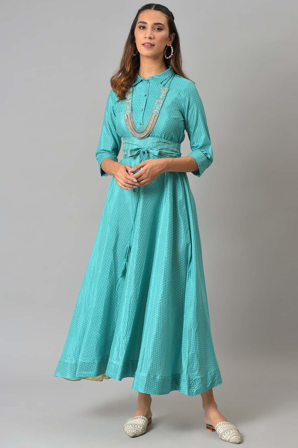 Teal Glitter Printed Shirt Dress With Embroidered Neckpiece - XS