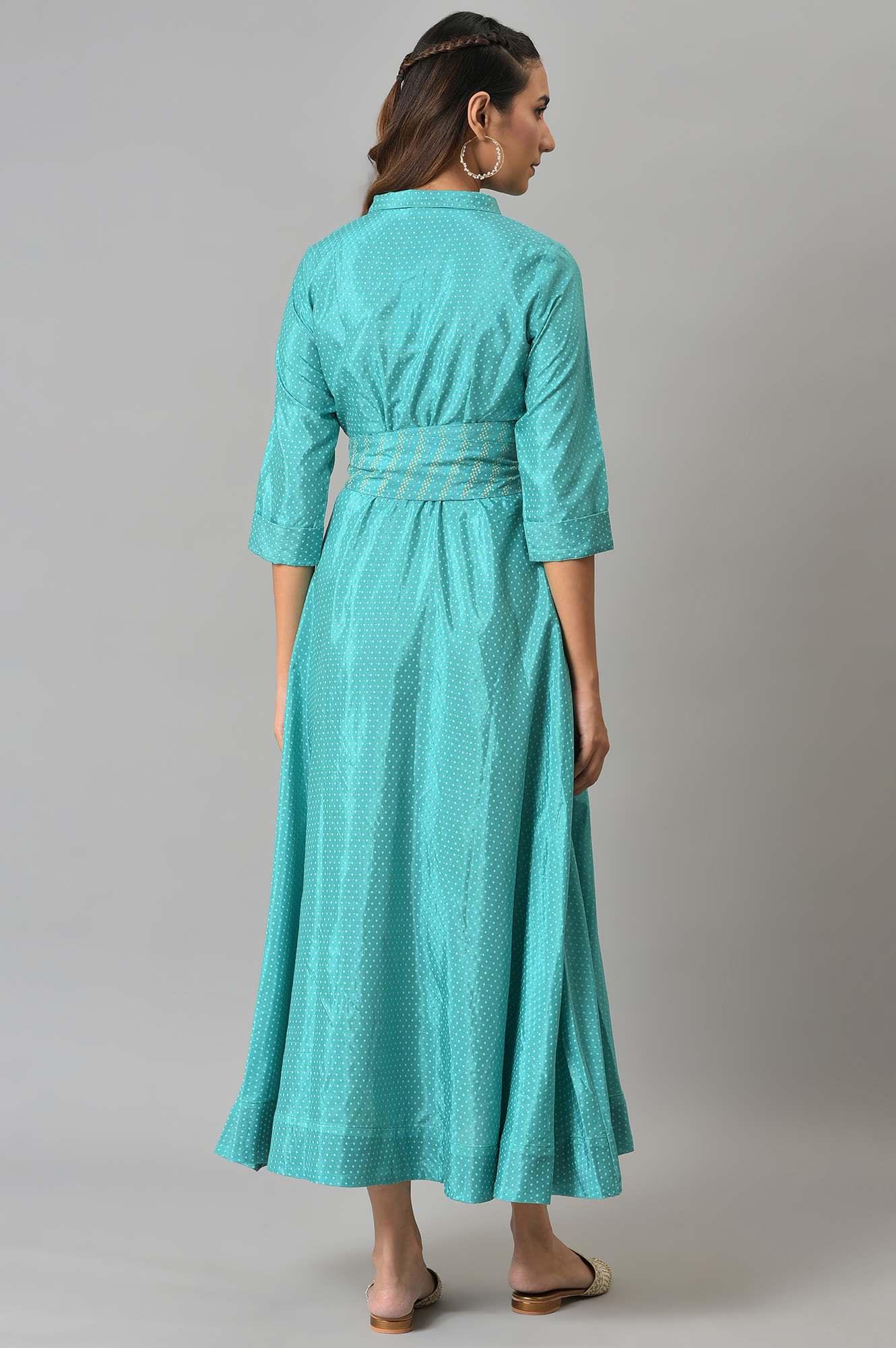 Teal Glitter Printed Shirt Dress With Embroidered Neckpiece - wforwoman