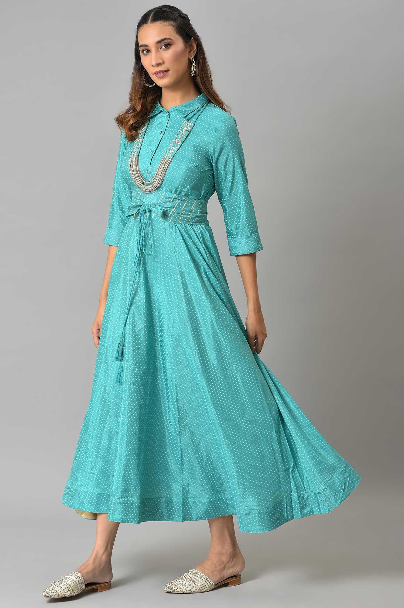 Teal Glitter Printed Shirt Dress With Embroidered Neckpiece - wforwoman