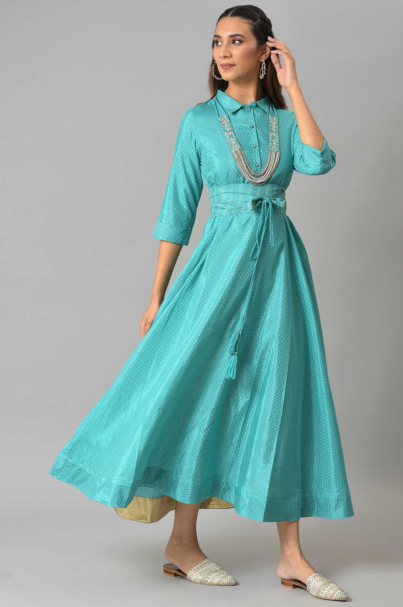 Teal Glitter Printed Shirt Dress With Embroidered Neckpiece - wforwoman