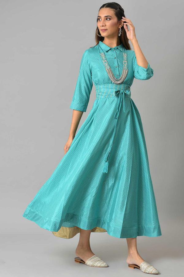 Teal Glitter Printed Shirt Dress With Embroidered Neckpiece