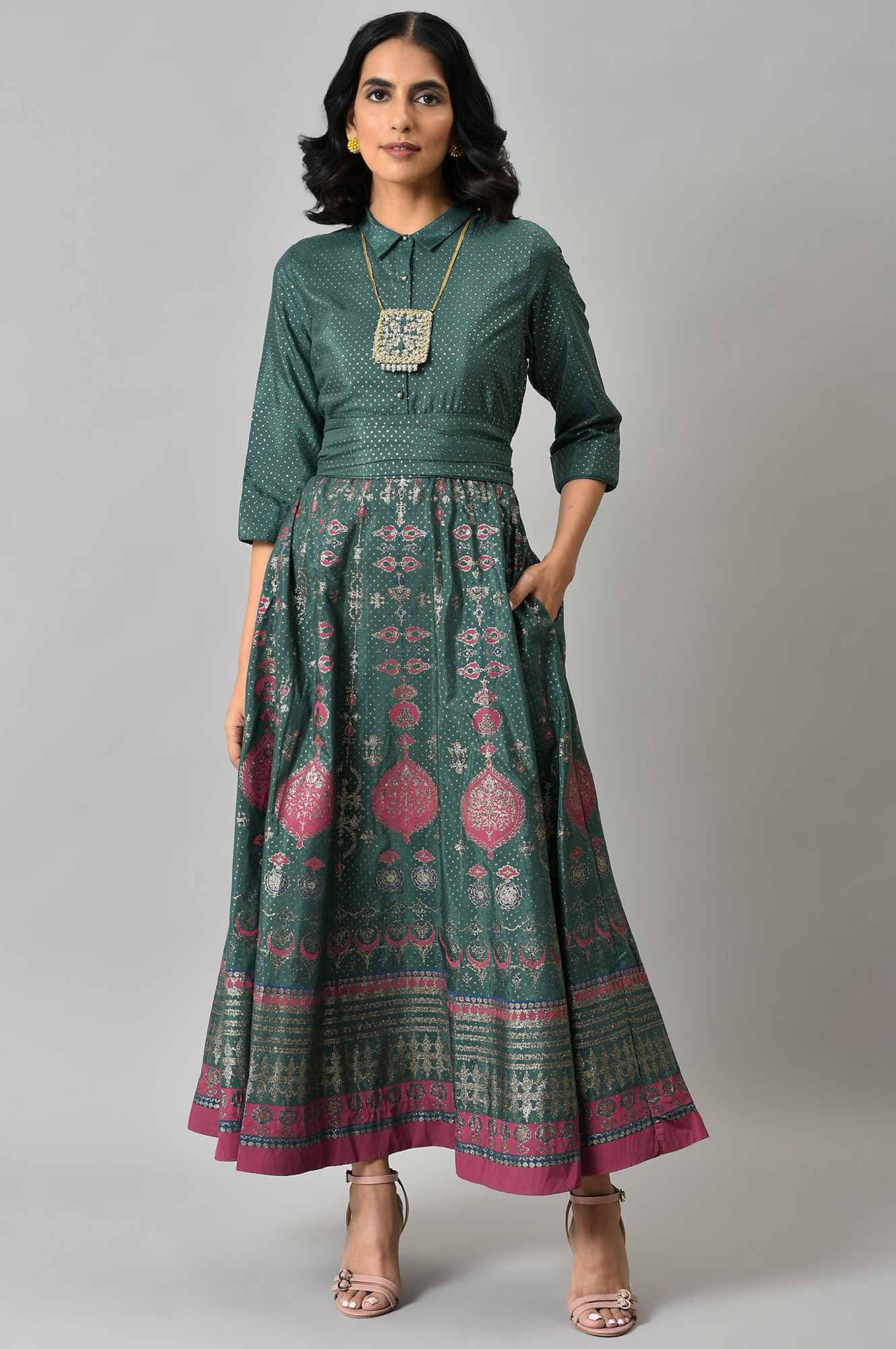 Buy Green Glitter Printed Festive Shirt Dress With Placket Online for Woman | WforWoman Buy Green Glitter Printed Festive Shirt Dress With Placket Online for Woman | WforWoman