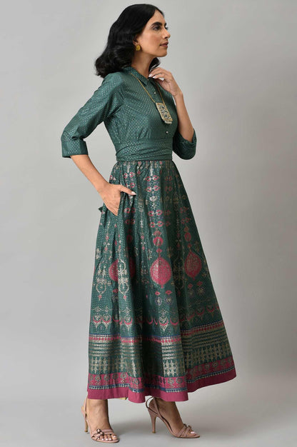 Green Glitter Printed Festive Shirt Dress With Placket - wforwoman
