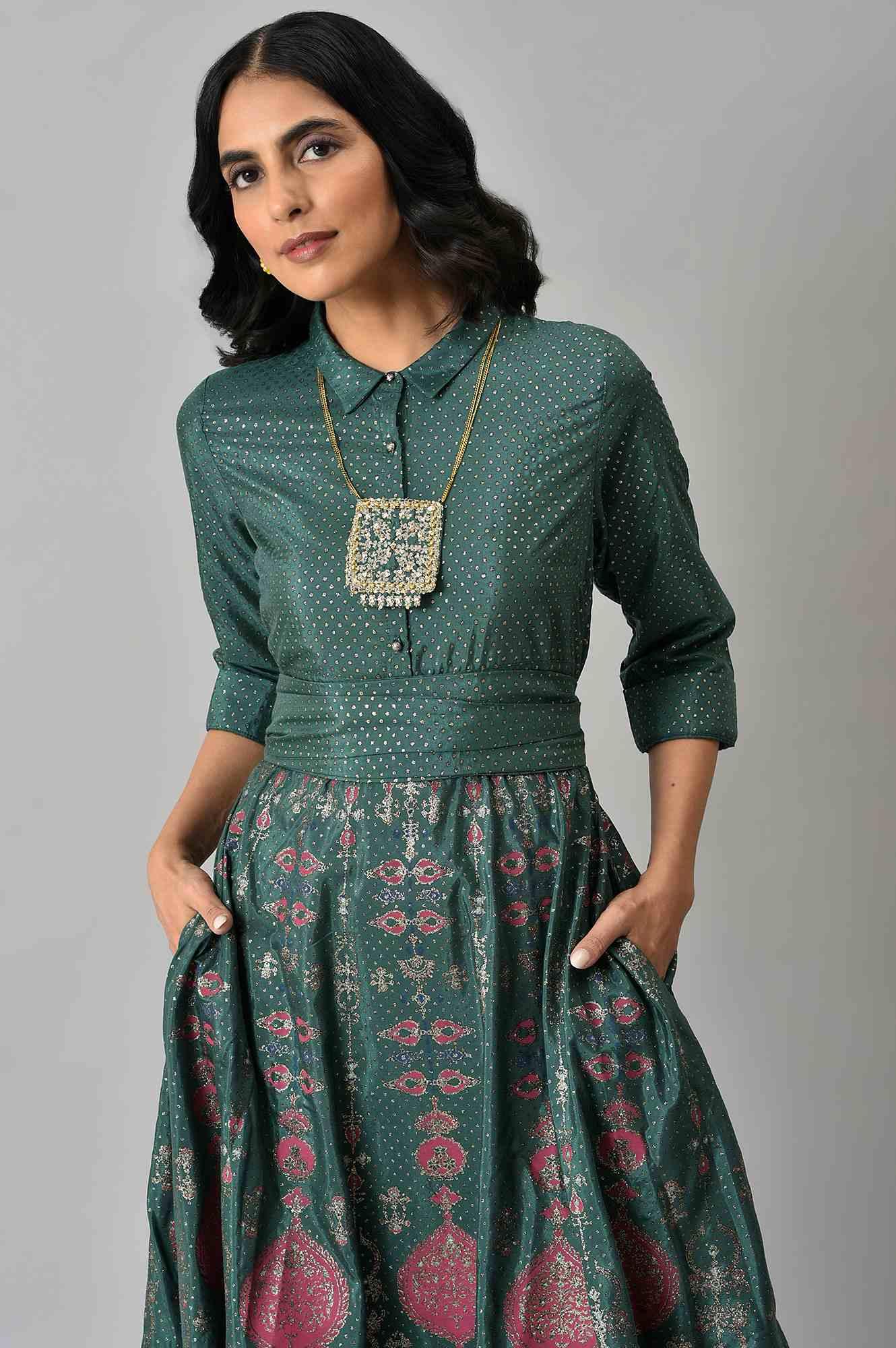 Buy Green Glitter Printed Festive Shirt Dress With Placket Online for Woman | WforWoman Buy Green Glitter Printed Festive Shirt Dress With Placket Online for Woman | WforWoman