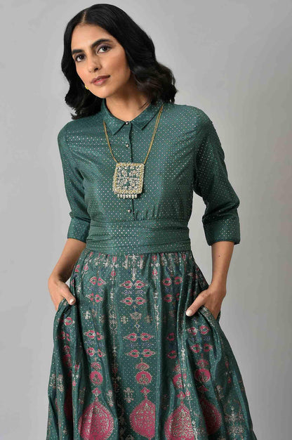 Green Glitter Printed Festive Shirt Dress With Placket - wforwoman