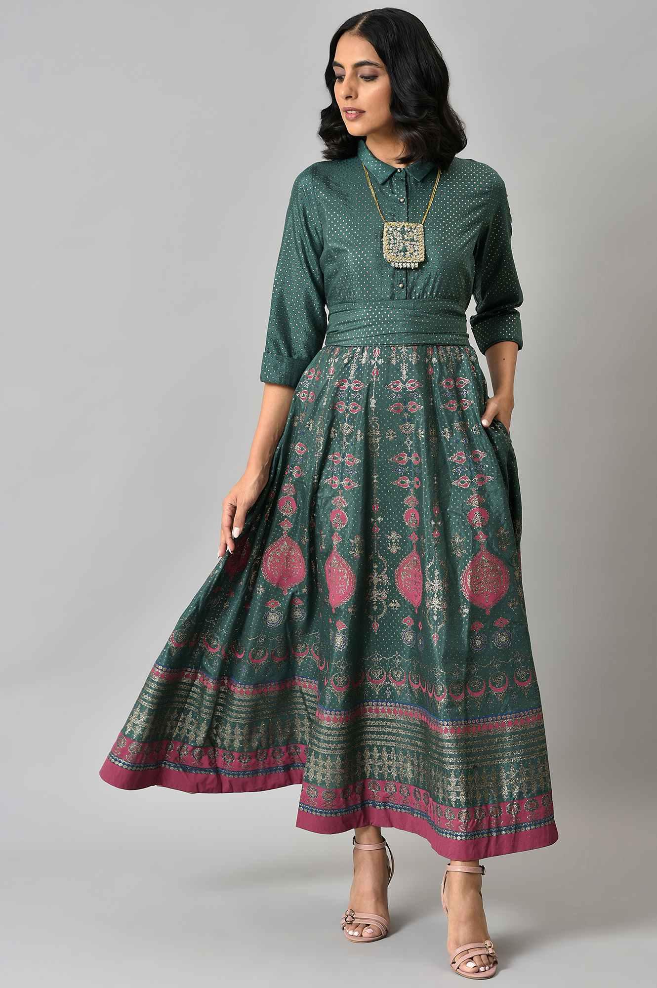 Green Glitter Printed Festive Shirt Dress With Placket - wforwoman