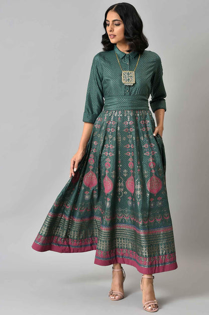 Green Glitter Printed Festive Shirt Dress With Placket - wforwoman