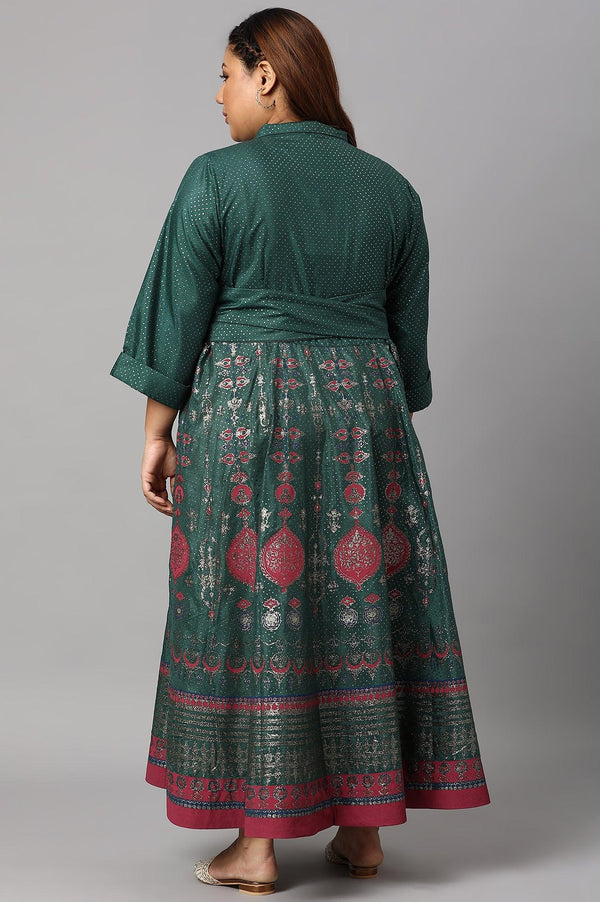 Green Glitter Printed Festive Plus Size Shirt Dress With Placket