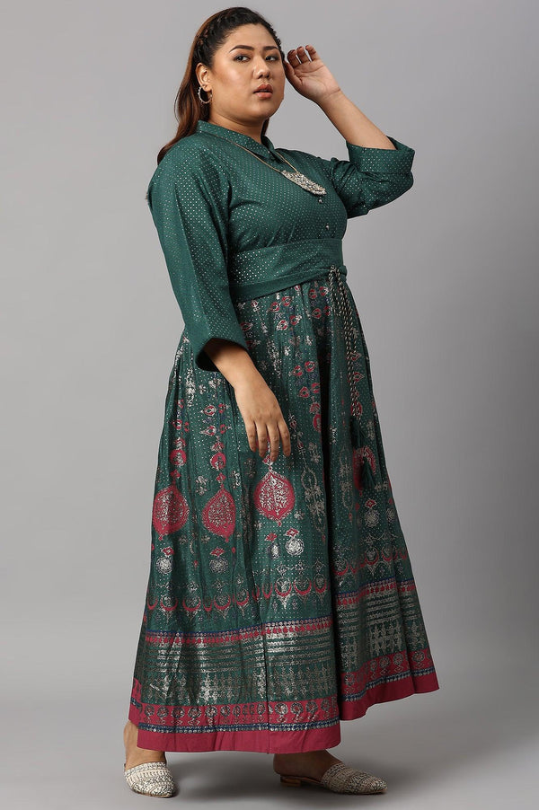 Green Glitter Printed Festive Plus Size Shirt Dress With Placket