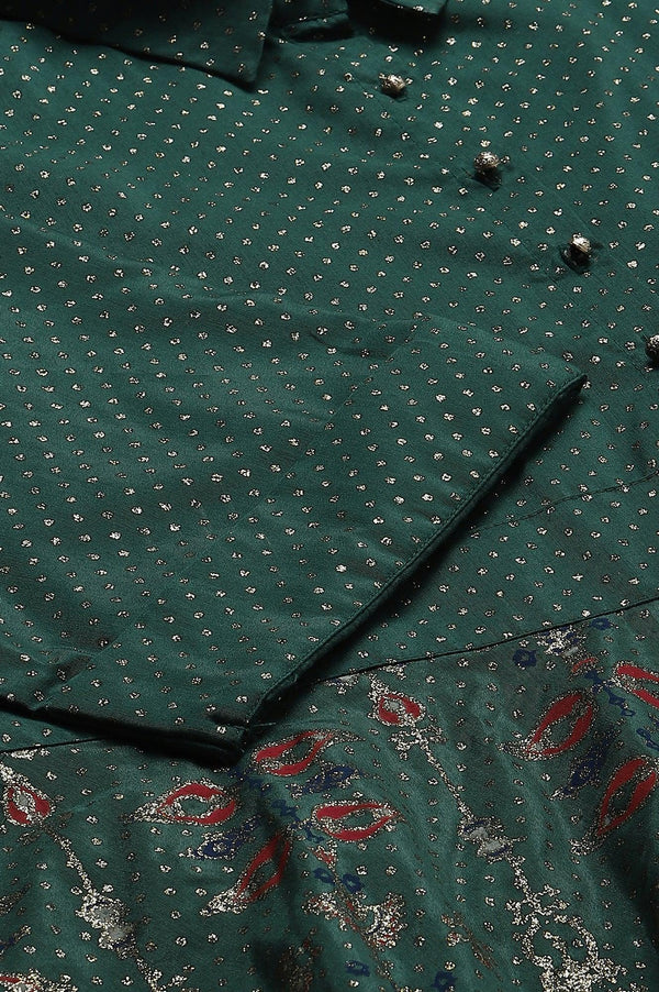 Green Glitter Printed Festive Plus Size Shirt Dress With Placket