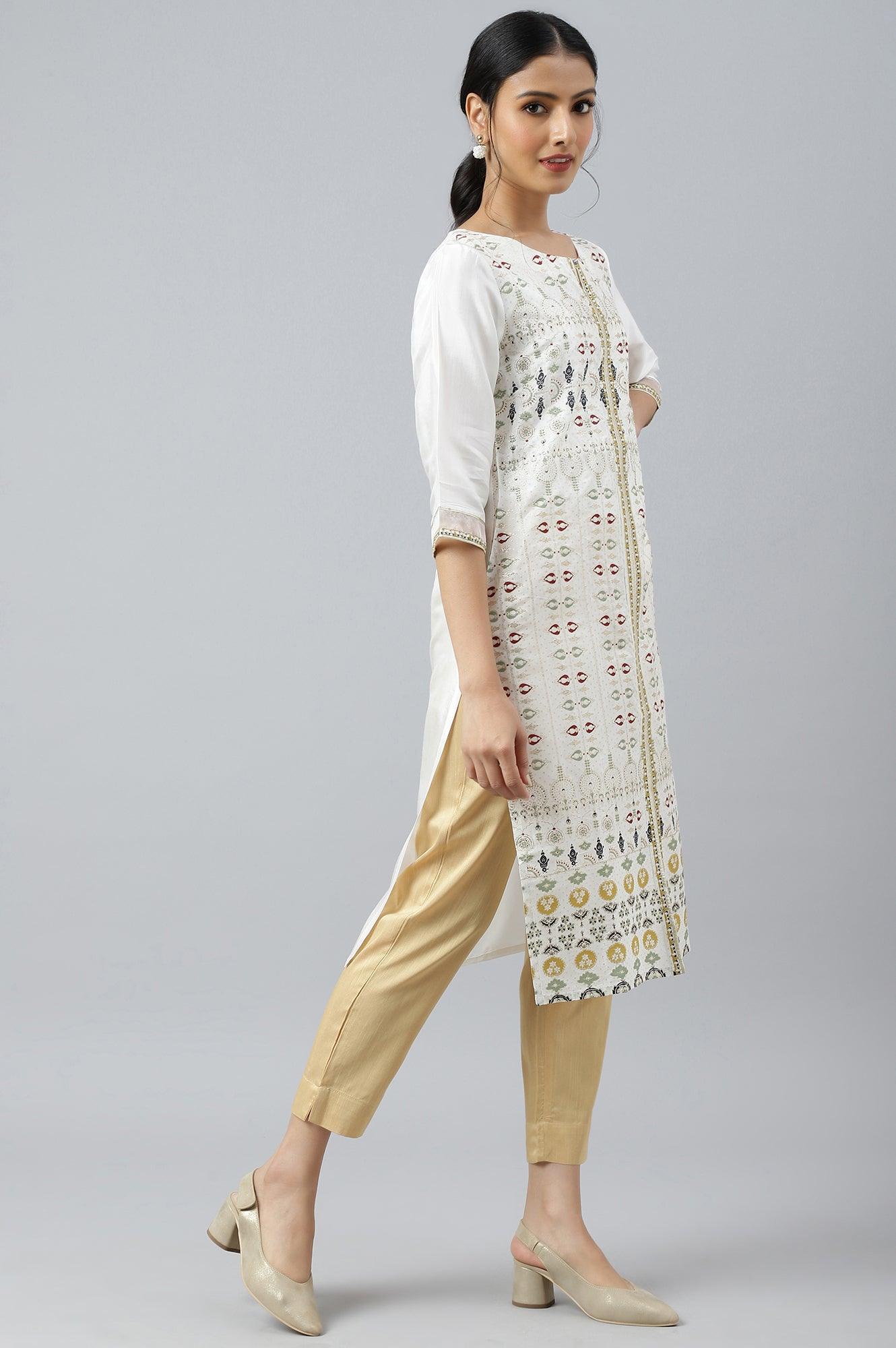 Ecru Glitter Printed kurta With Sequins - wforwoman