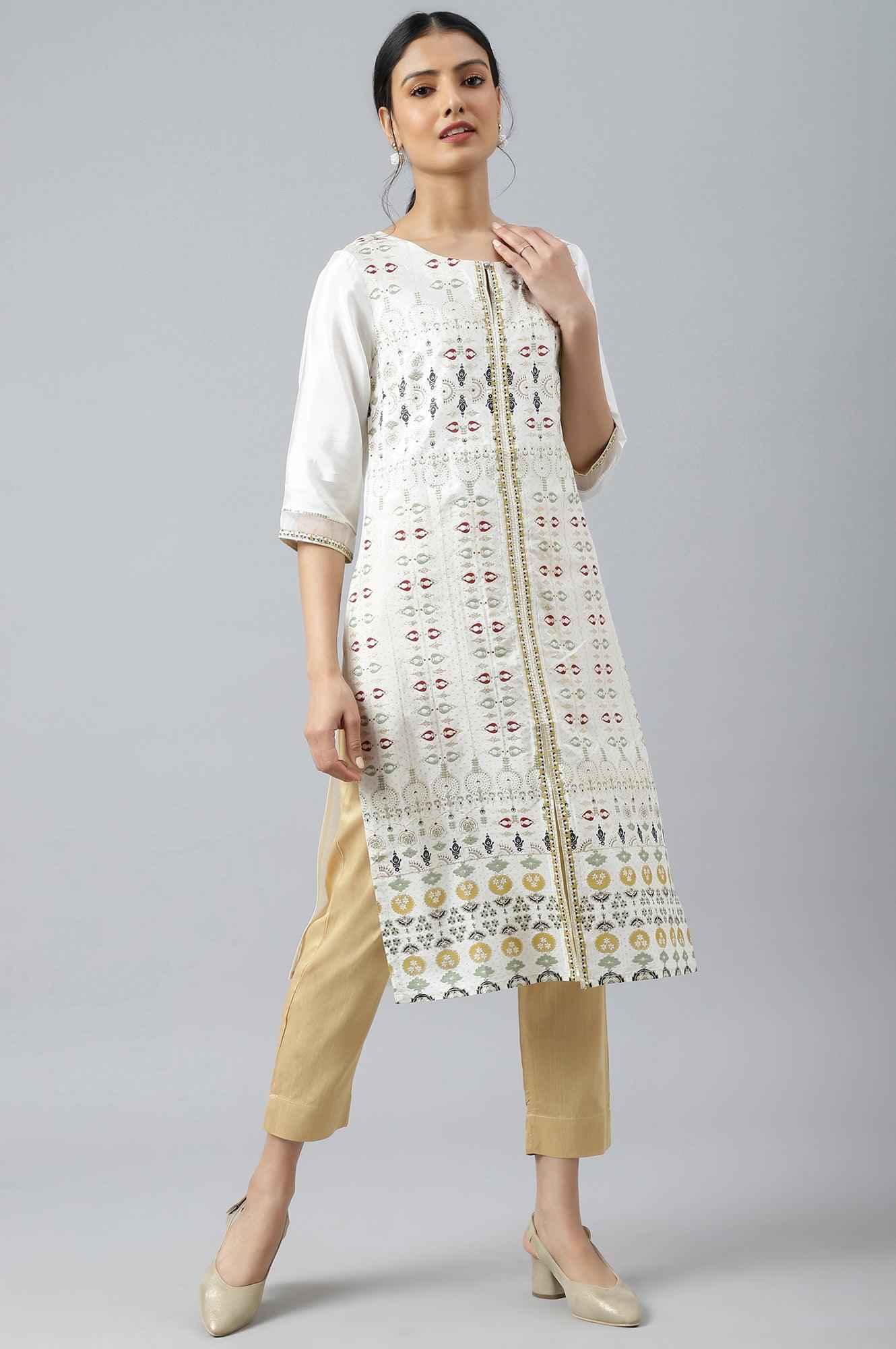 Ecru Glitter Printed kurta With Sequins - wforwoman