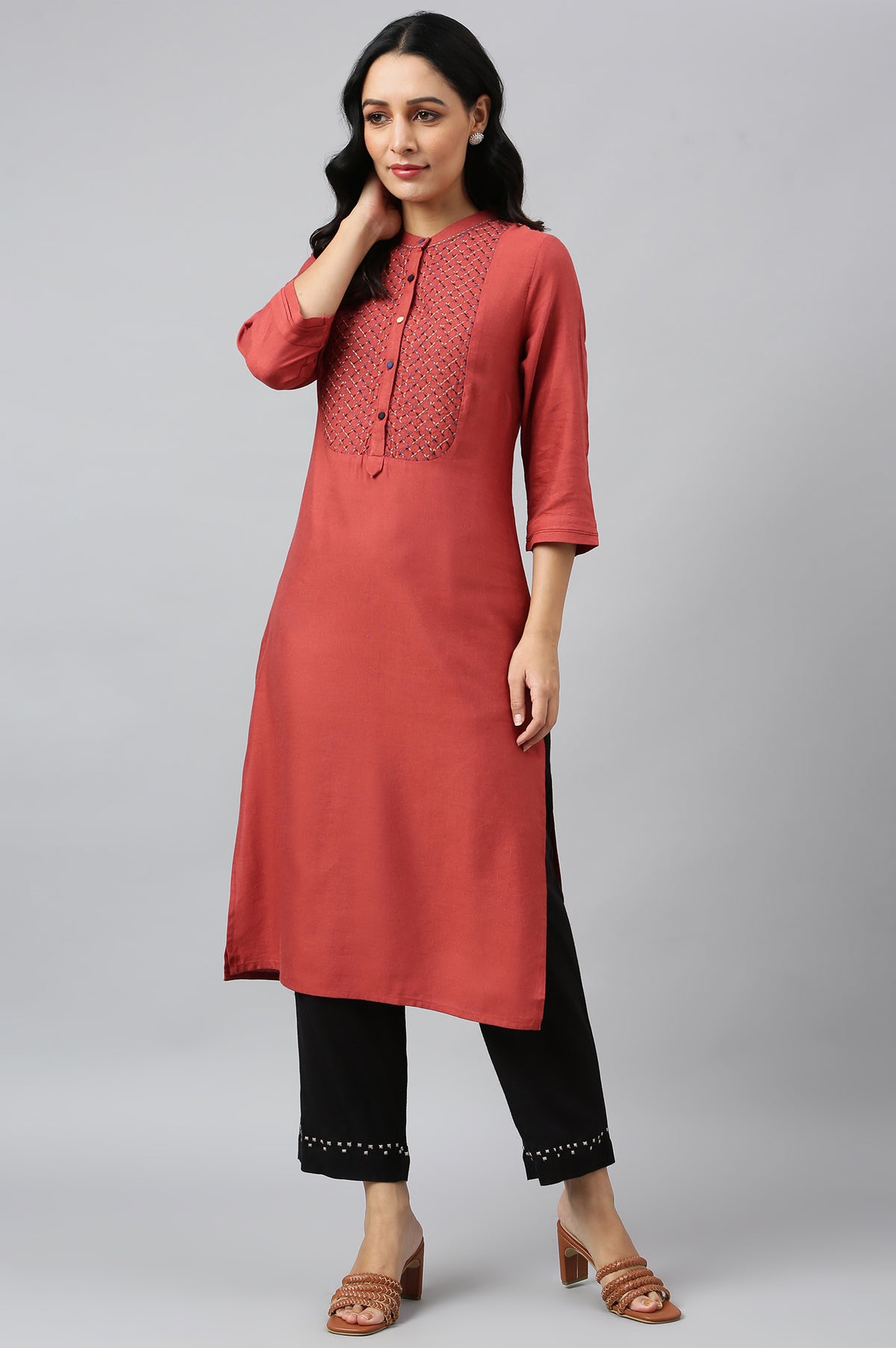 Brick Red Embroidered kurta - XS