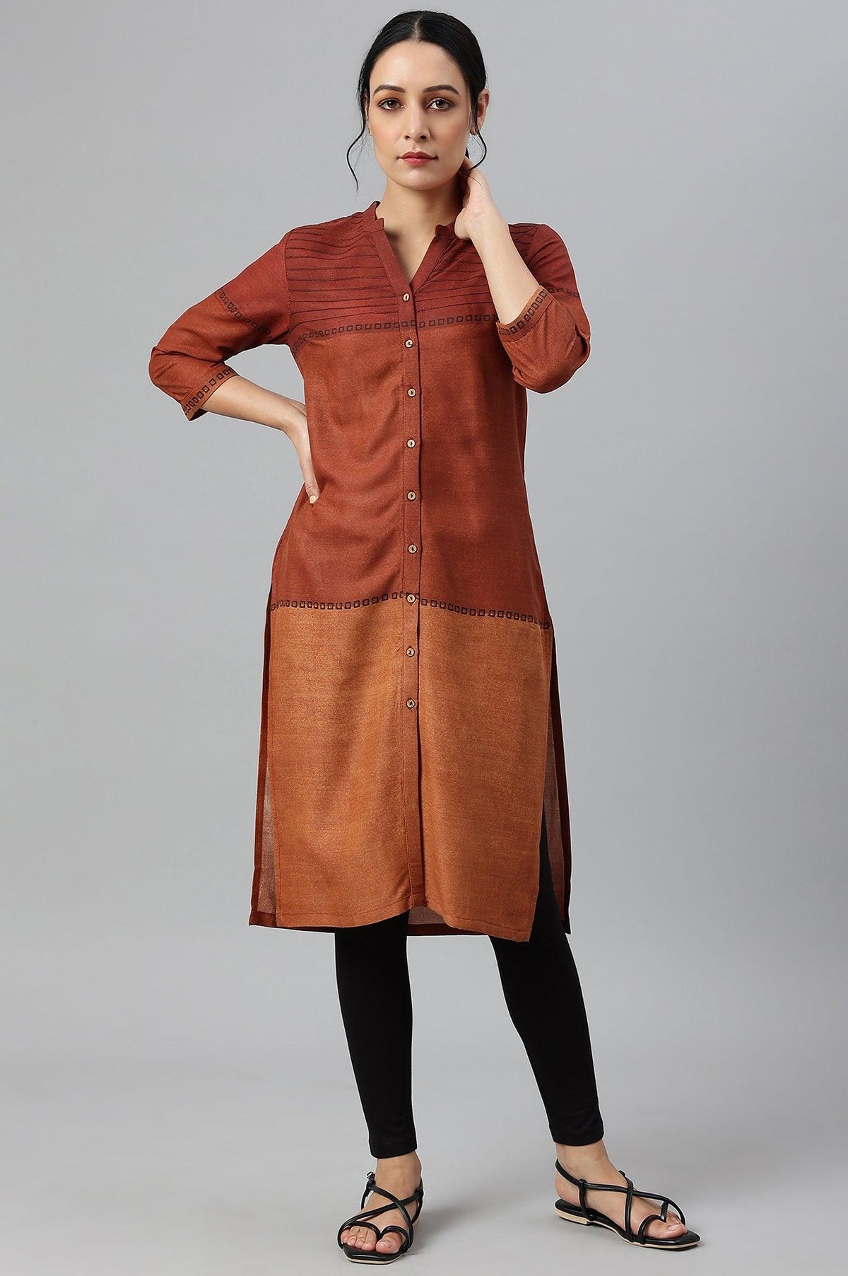 Red Pintuck Colour Block kurta - XS