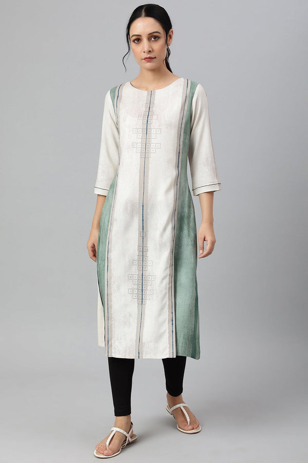 Beige And Green Pleated A-Line kurta