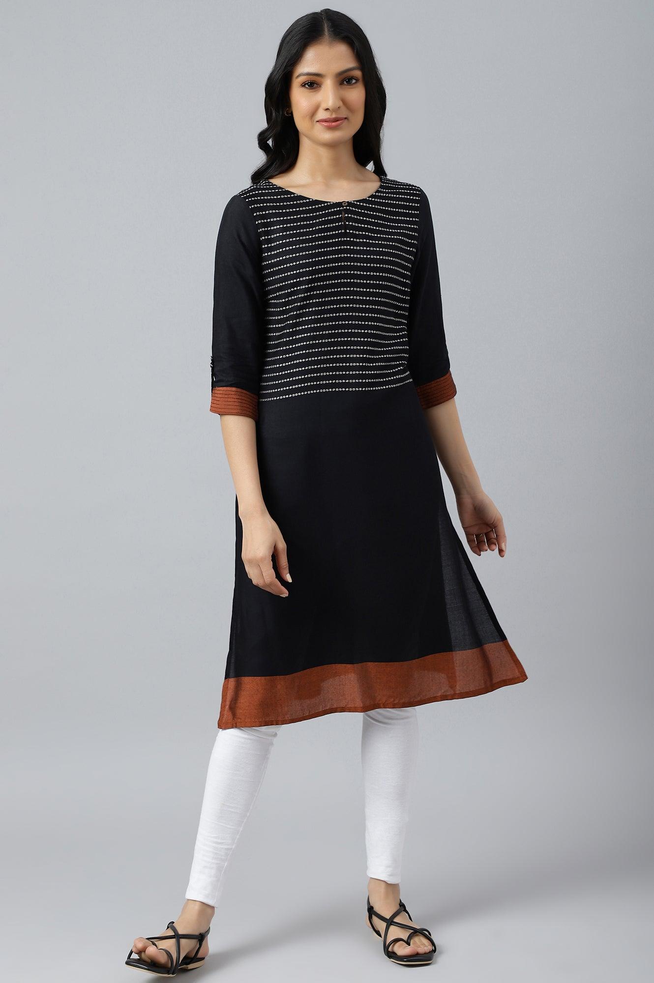 Black Dobby Colour Blocked kurta - wforwoman