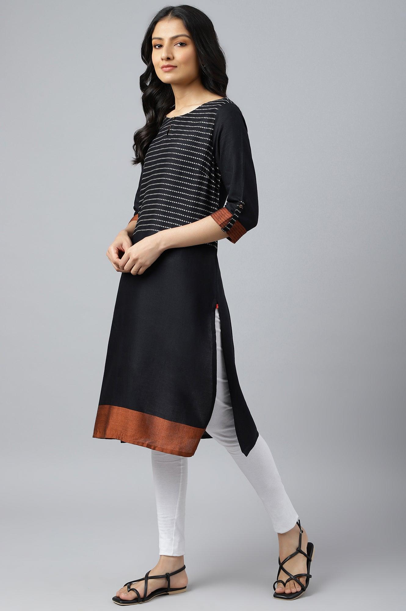 Black Dobby Colour Blocked kurta - wforwoman