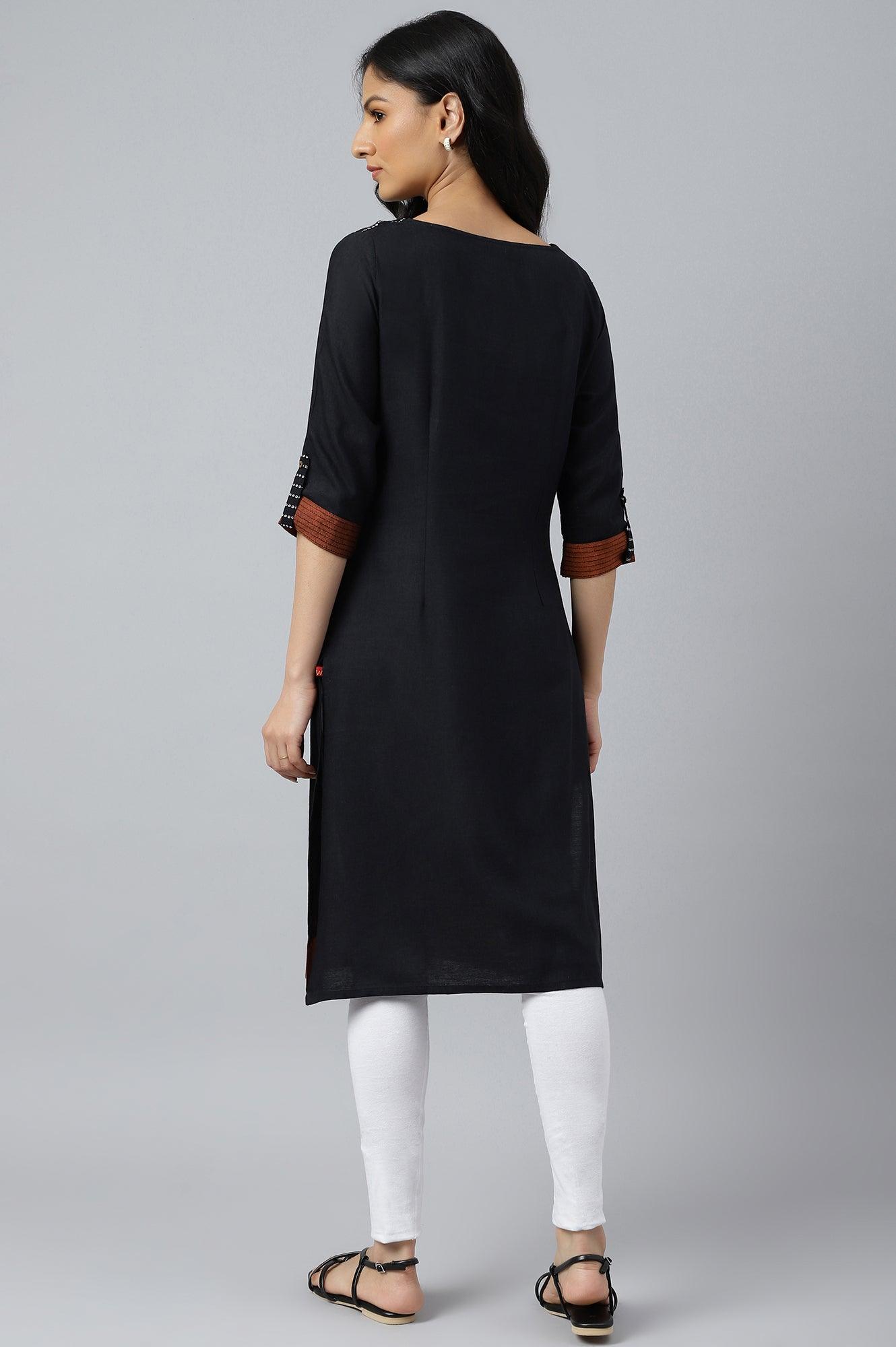 Black Dobby Colour Blocked kurta - wforwoman