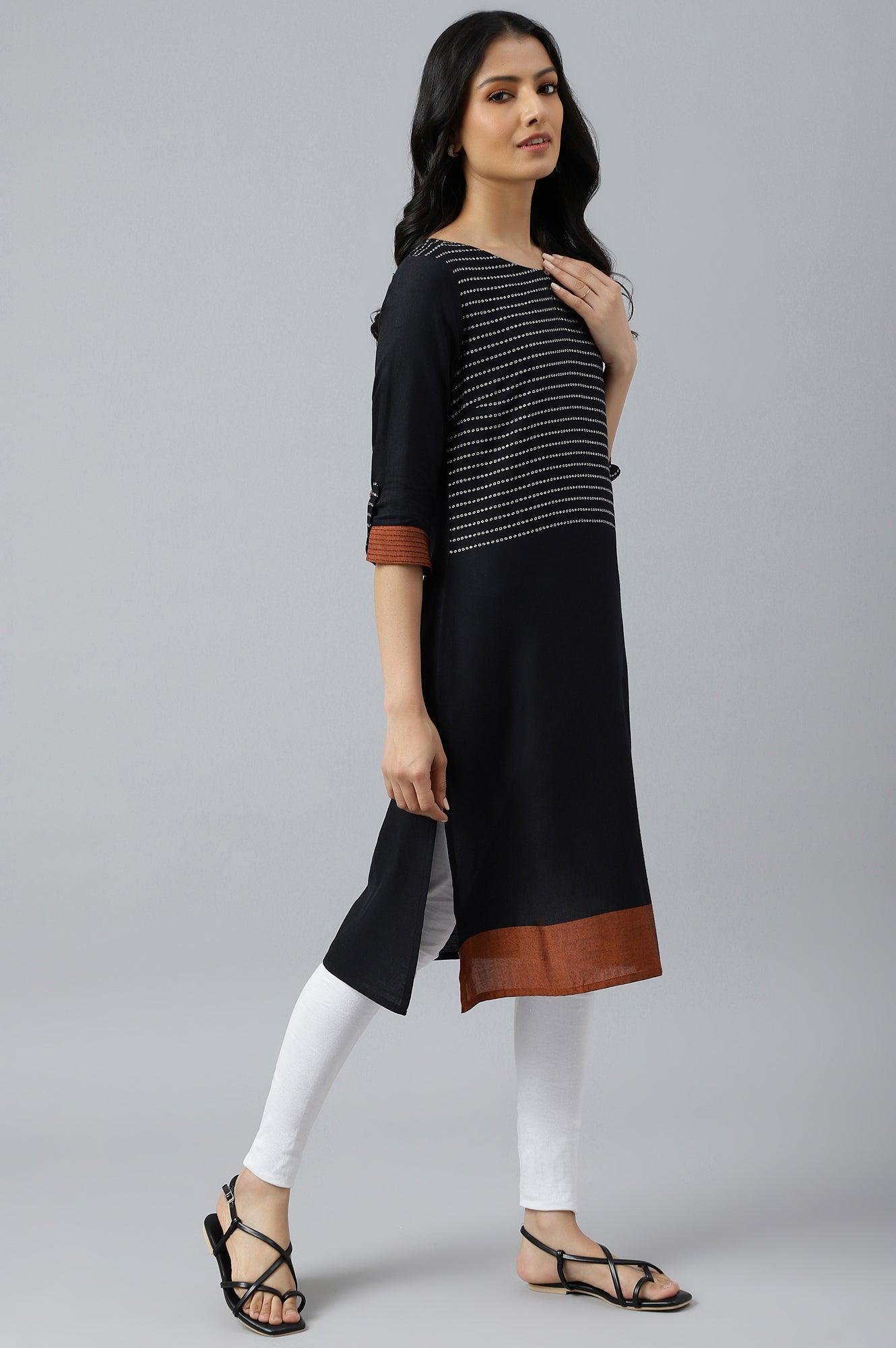 Black Dobby Colour Blocked kurta - wforwoman
