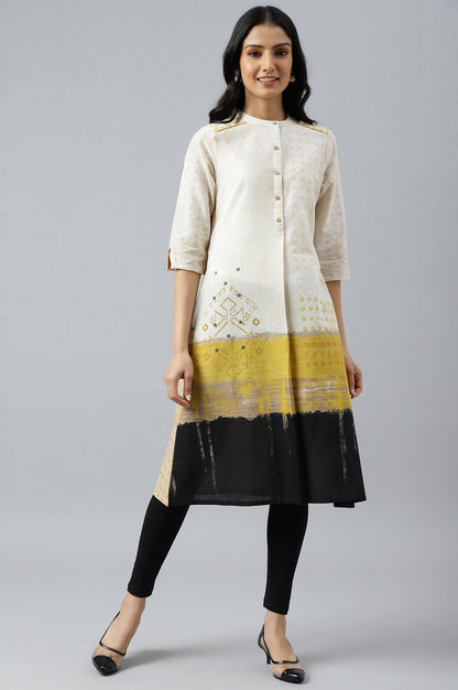 Ecru Geometric Print kurta In Mandarin Collar - wforwoman