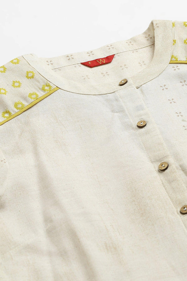 Ecru Geometric Print kurta In Mandarin Collar